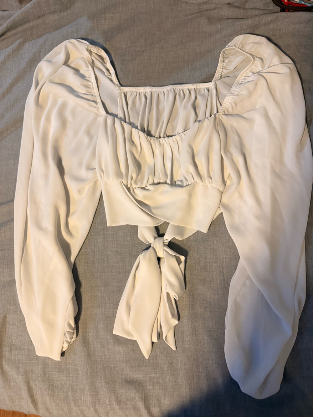 SHEIN Cream Ruched Off-Shoulder Tie-Front Blouse